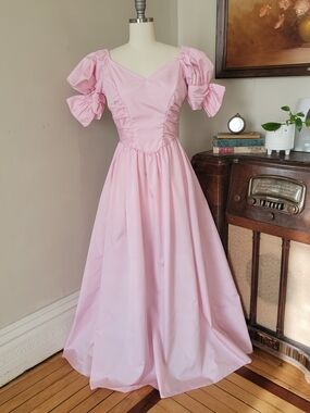 💗Vintage Pretty in pink Prom Dress Puff Sleeves Bows Formal M L